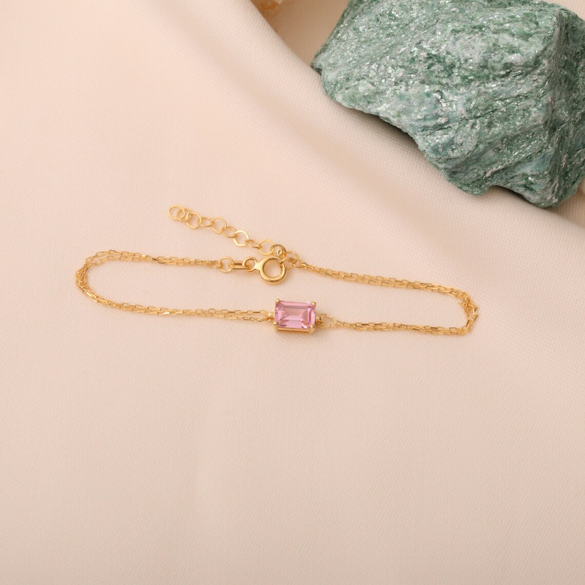 Rectangle Pink Tourmaline Bracelet 8K/10K/14K Solid Gold, Dainty Gold Baguette October Birthstone