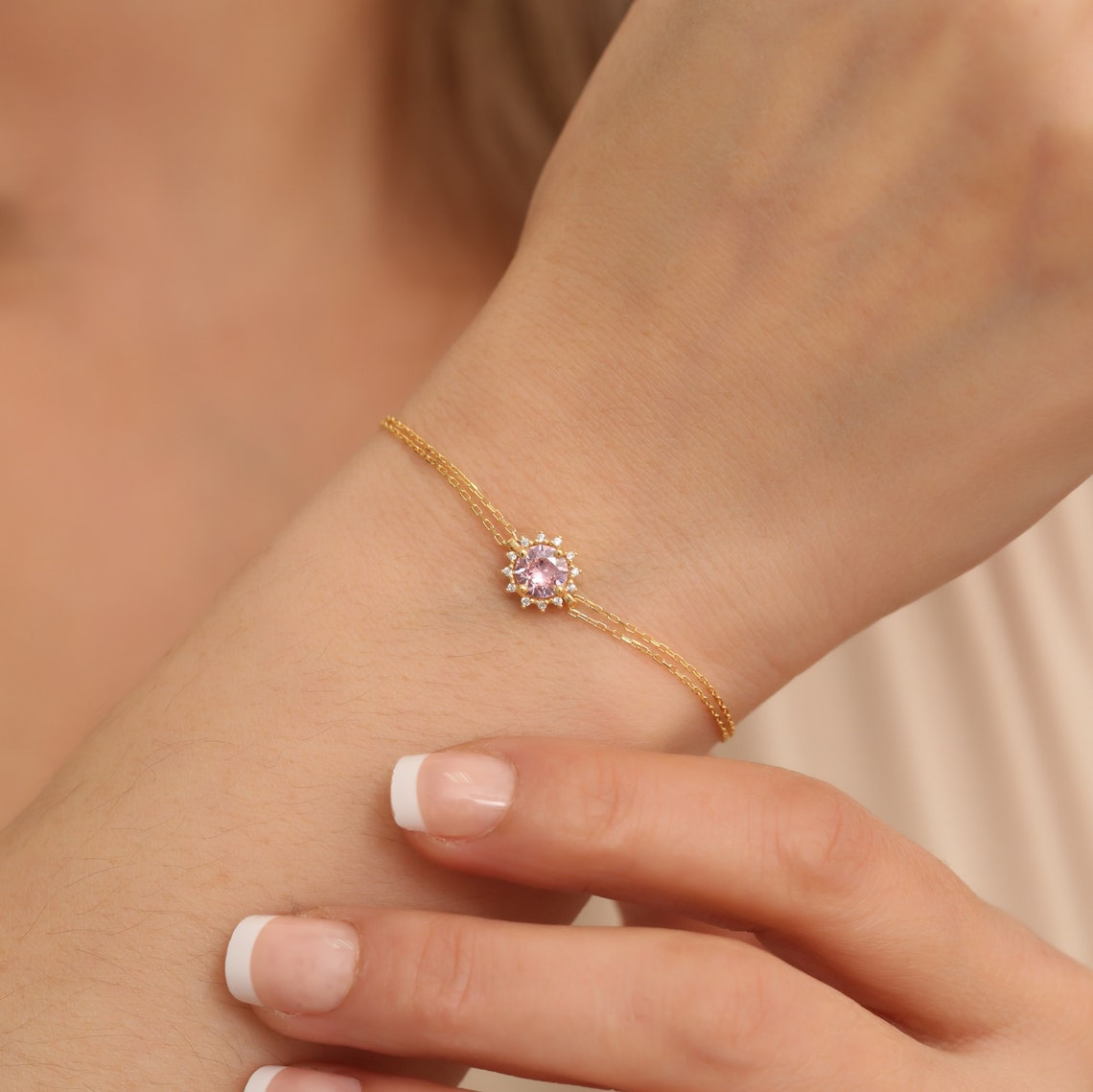 Round Pink Tourmaline Bracelet with Real Diamond, 8K/10K/14K Solid Gold, October Birthstone