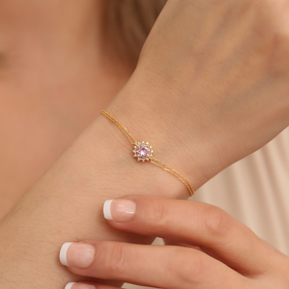 Round Pink Tourmaline Bracelet with Real Diamond, 8K/10K/14K Solid Gold, October Birthstone