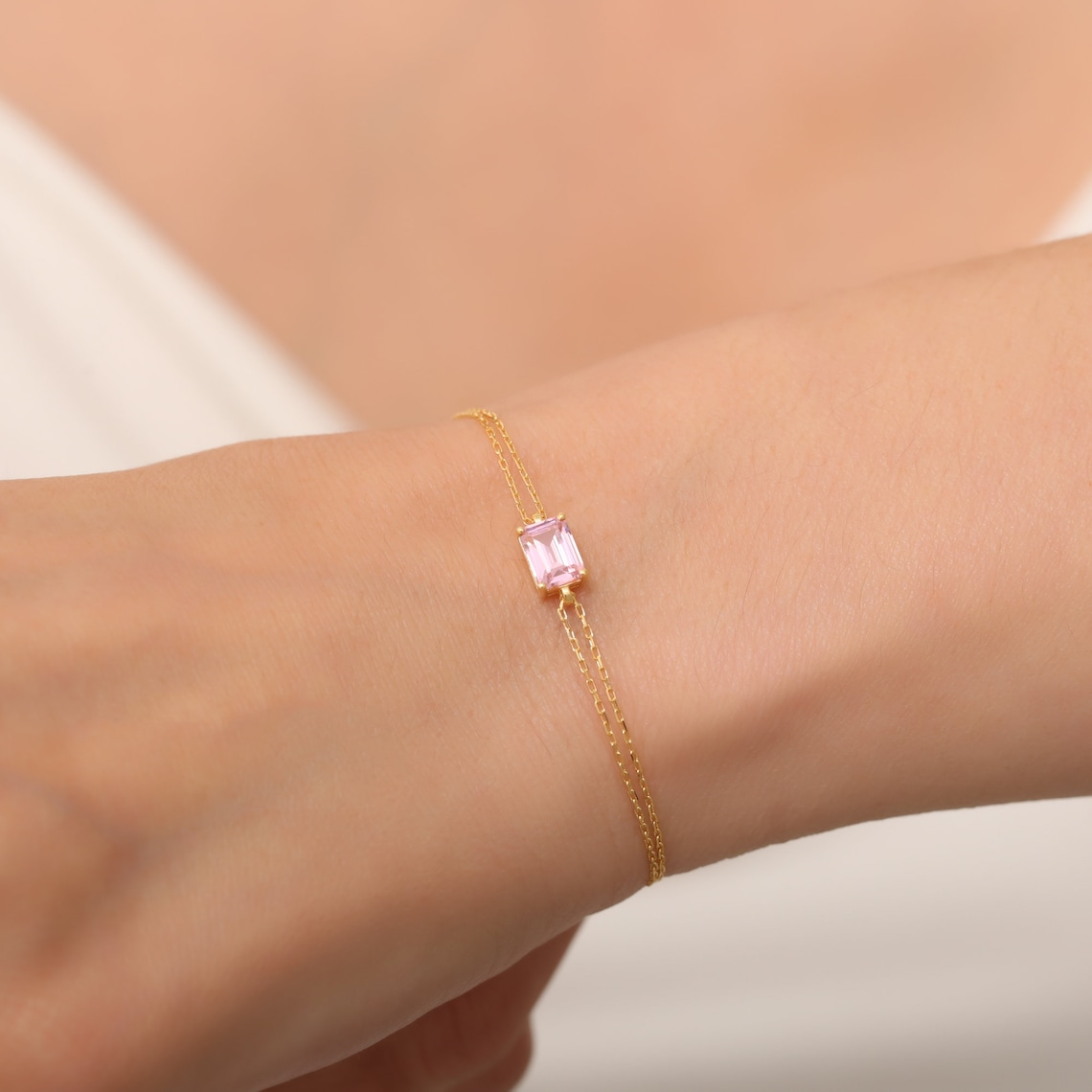 Rectangle Pink Tourmaline Bracelet 8K/10K/14K Solid Gold, Dainty Gold Baguette October Birthstone