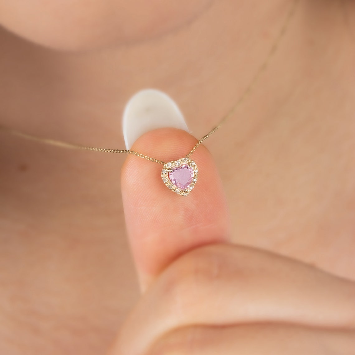 Pink Tourmaline Heart Necklace with Real Diamond, 8K/10K/14K Solid Gold, October Birthstone