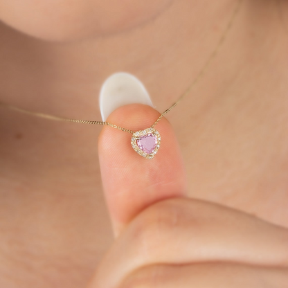 Pink Tourmaline Heart Necklace with Real Diamond, 8K/10K/14K Solid Gold, October Birthstone