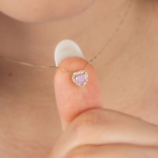 Pink Tourmaline Heart Necklace with Real Diamond, 8K/10K/14K Solid Gold, October Birthstone