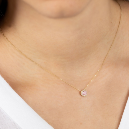 Pink Tourmaline Heart Necklace with Real Diamond, 8K/10K/14K Solid Gold, October Birthstone