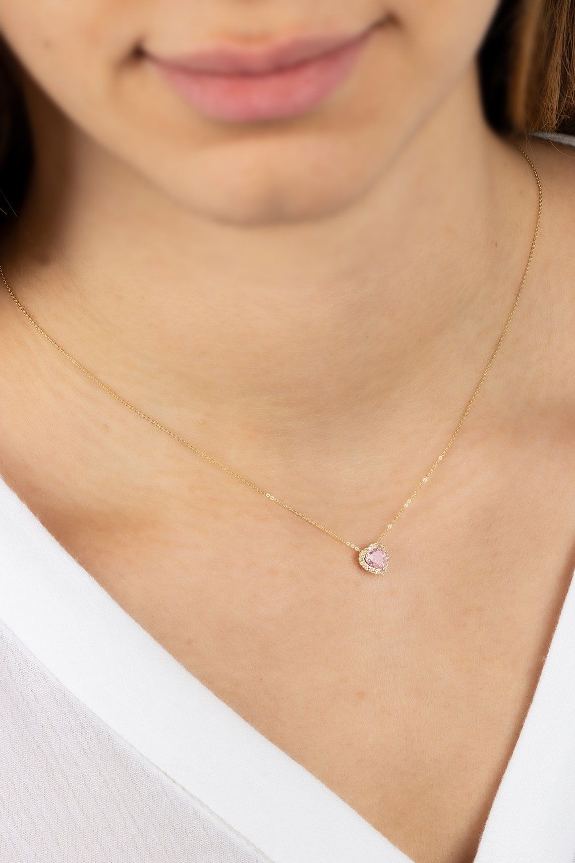 Pink Tourmaline Heart Necklace with Real Diamond, 8K/10K/14K Solid Gold, October Birthstone
