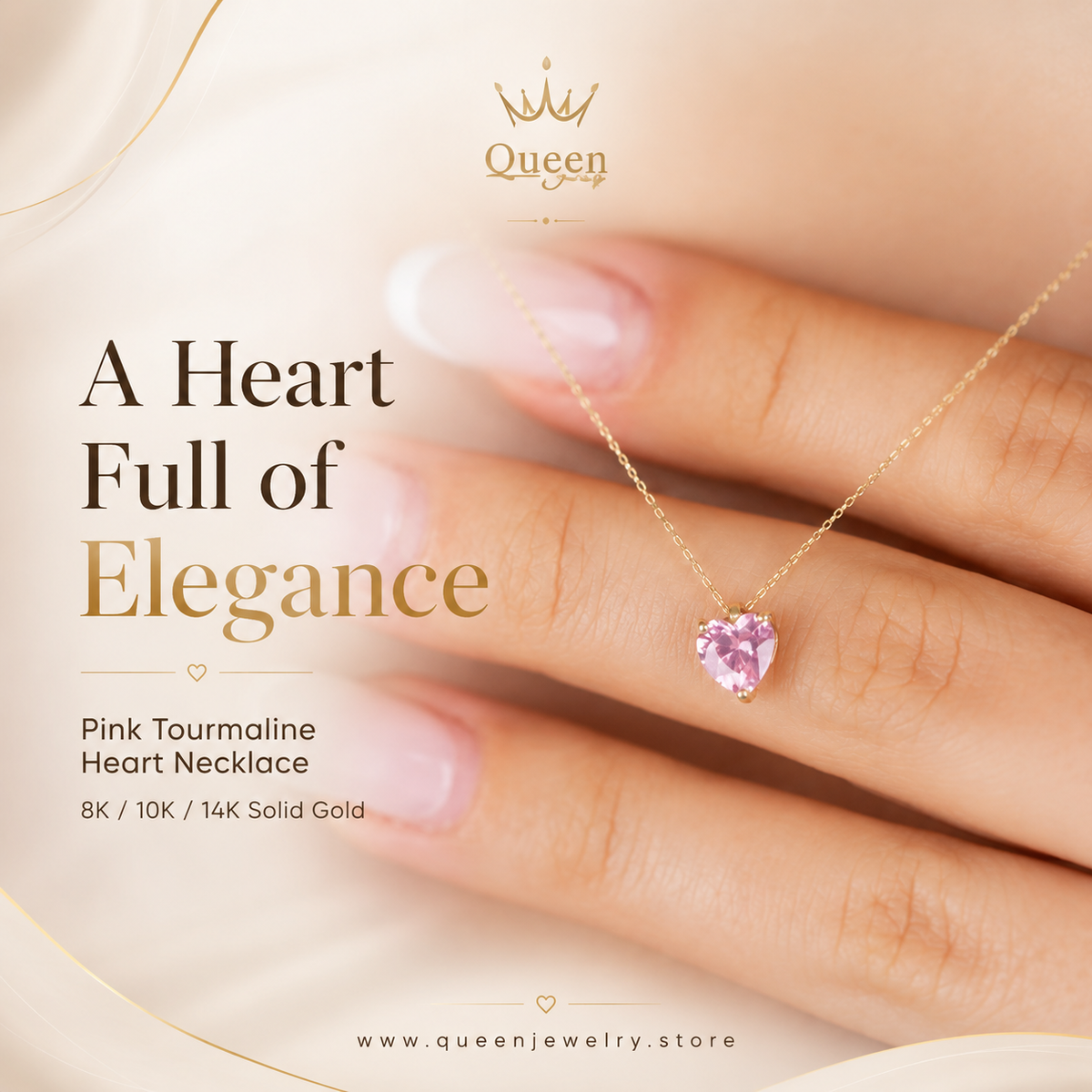 Pink Tourmaline Heart Necklace 8K/10K/14K Solid Gold, October Birthstone