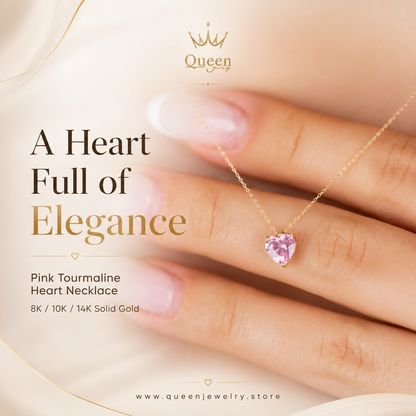 Pink Tourmaline Heart Necklace 8K/10K/14K Solid Gold, October Birthstone