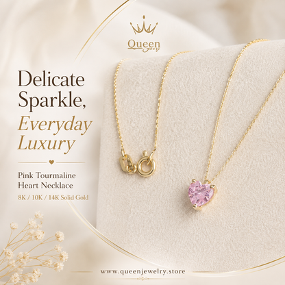 Pink Tourmaline Heart Necklace 8K/10K/14K Solid Gold, October Birthstone