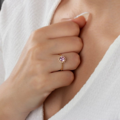 Round Pink Tourmaline Ring with Real Diamond Around 14K Solid Gold, October Birthstone