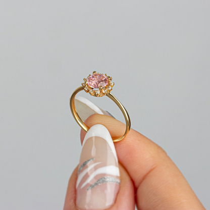 Round Pink Tourmaline Ring with Real Diamond Around 14K Solid Gold, October Birthstone