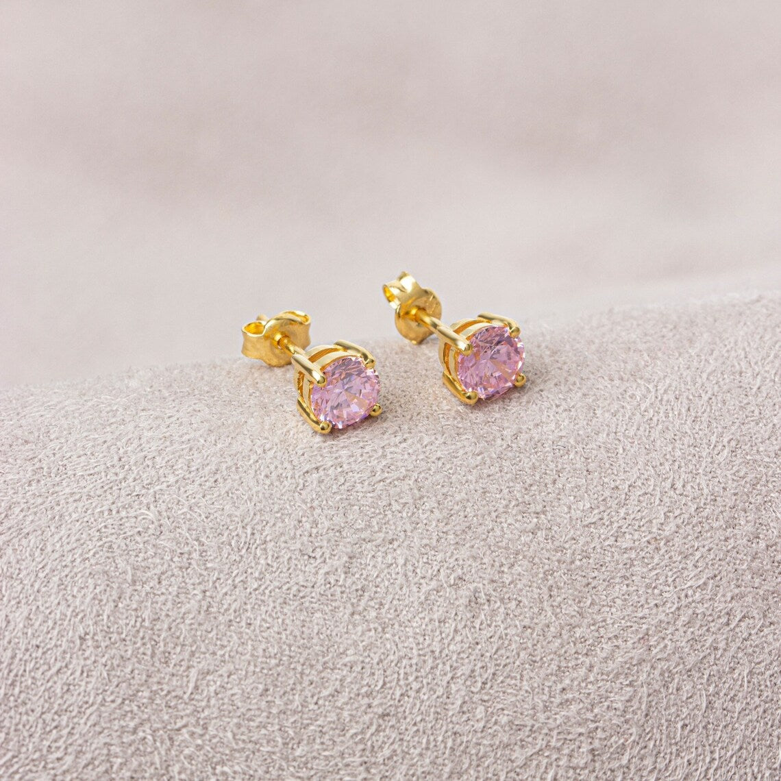 Round Pink Tourmaline Stud Earrings 10K/14K Solid Gold, October Birthstone