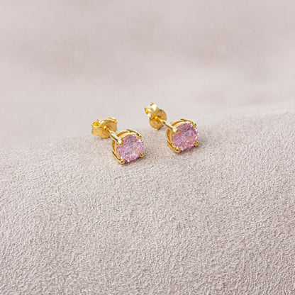 Round Pink Tourmaline Stud Earrings 10K/14K Solid Gold, October Birthstone