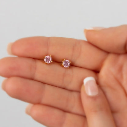 Round Pink Tourmaline Stud Earrings 10K/14K Solid Gold, October Birthstone