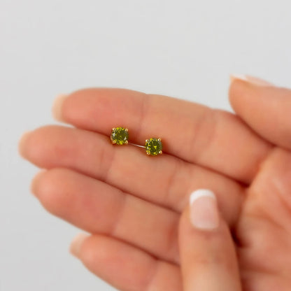 Round Peridot Stud Earrings 10K/14K Solid Gold, August Birthstone