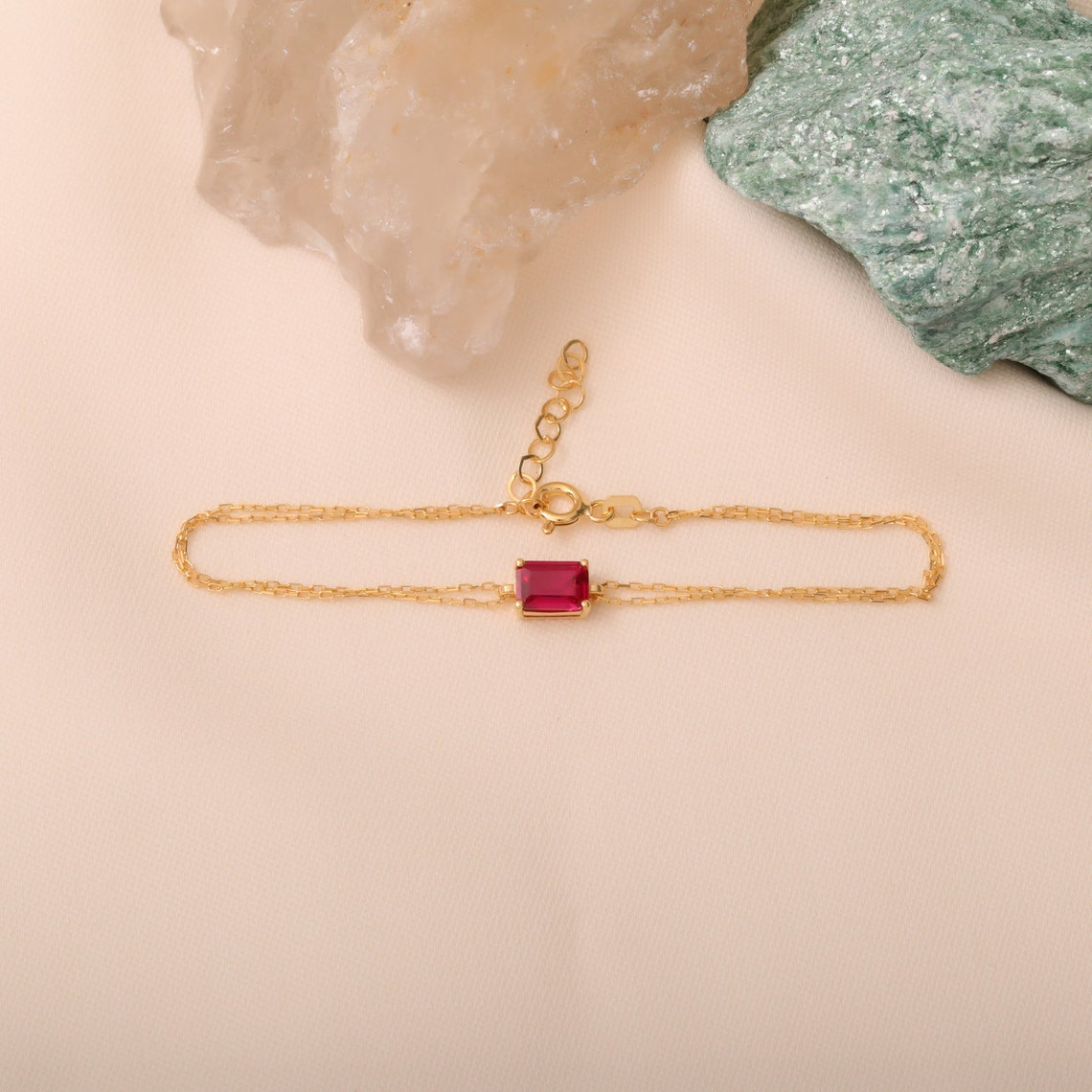 Rectangle Ruby Bracelet 8K/10K/14K Solid Gold, Dainty Gold Baguette July Birthstone