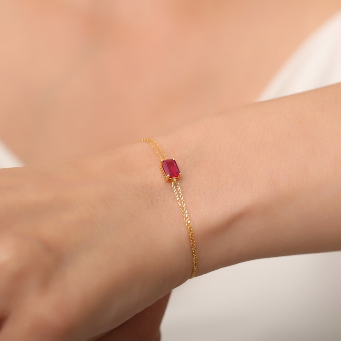 Rectangle Ruby Bracelet 8K/10K/14K Solid Gold, Dainty Gold Baguette July Birthstone