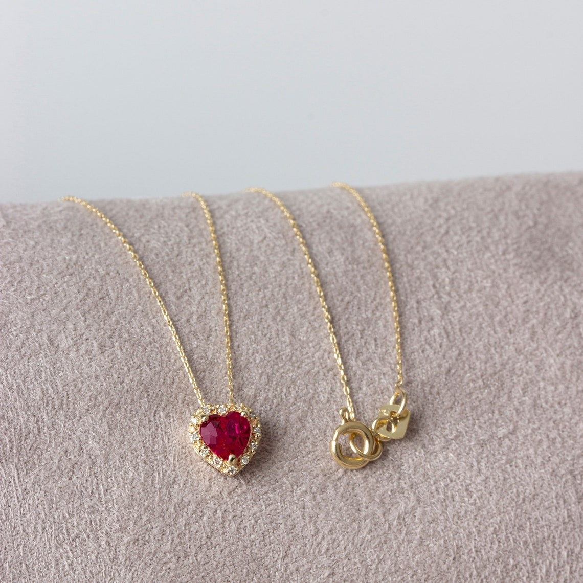 Ruby Heart Necklace with Real Diamond, 8K/10K/14K Solid Gold, July Birthstone