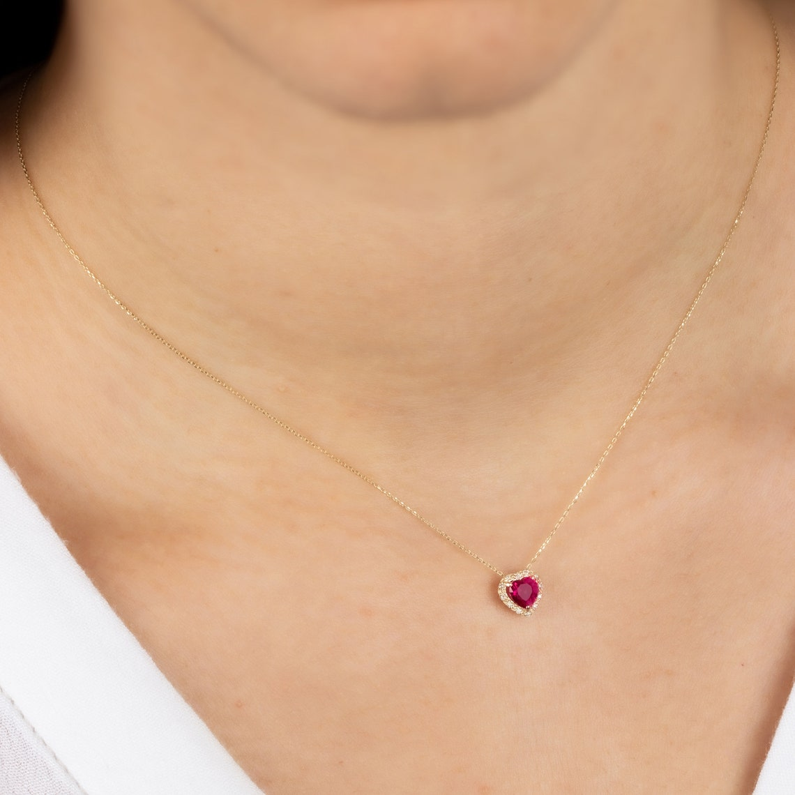 Ruby Heart Necklace with Real Diamond, 8K/10K/14K Solid Gold, July Birthstone