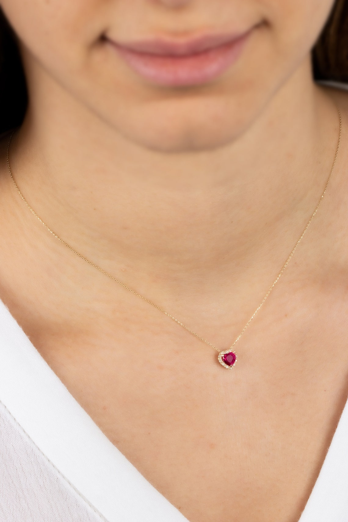Ruby Heart Necklace with Real Diamond, 8K/10K/14K Solid Gold, July Birthstone