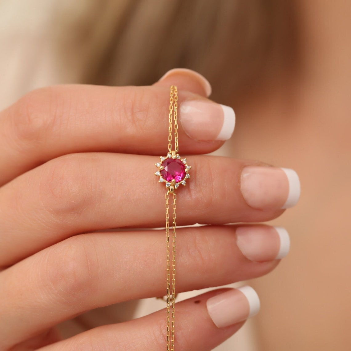 Round Ruby Bracelet with Real Diamond, 8K/10K/14K Solid Gold, July Birthstone