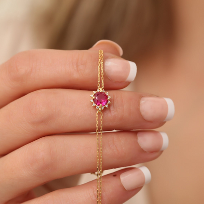 Round Ruby Bracelet with Real Diamond, 8K/10K/14K Solid Gold, July Birthstone