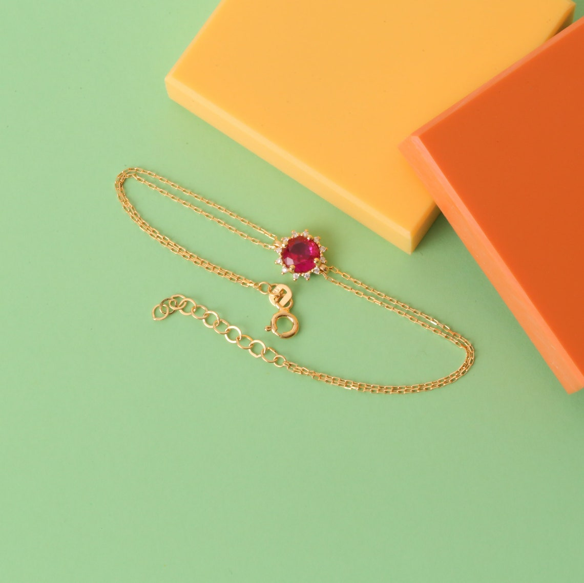 Round Ruby Bracelet with Real Diamond, 8K/10K/14K Solid Gold, July Birthstone