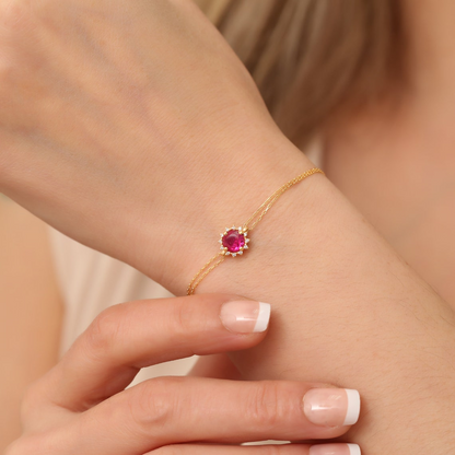 Round Ruby Bracelet with Real Diamond, 8K/10K/14K Solid Gold, July Birthstone