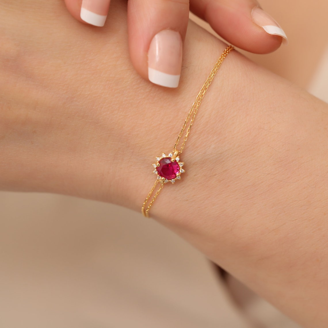 Round Ruby Bracelet with Real Diamond, 8K/10K/14K Solid Gold, July Birthstone