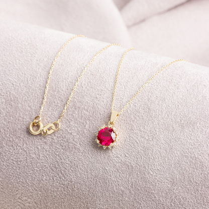 Round Ruby Necklace with Real Diamonds, 8K/10K/14K Solid Gold July Birthstone