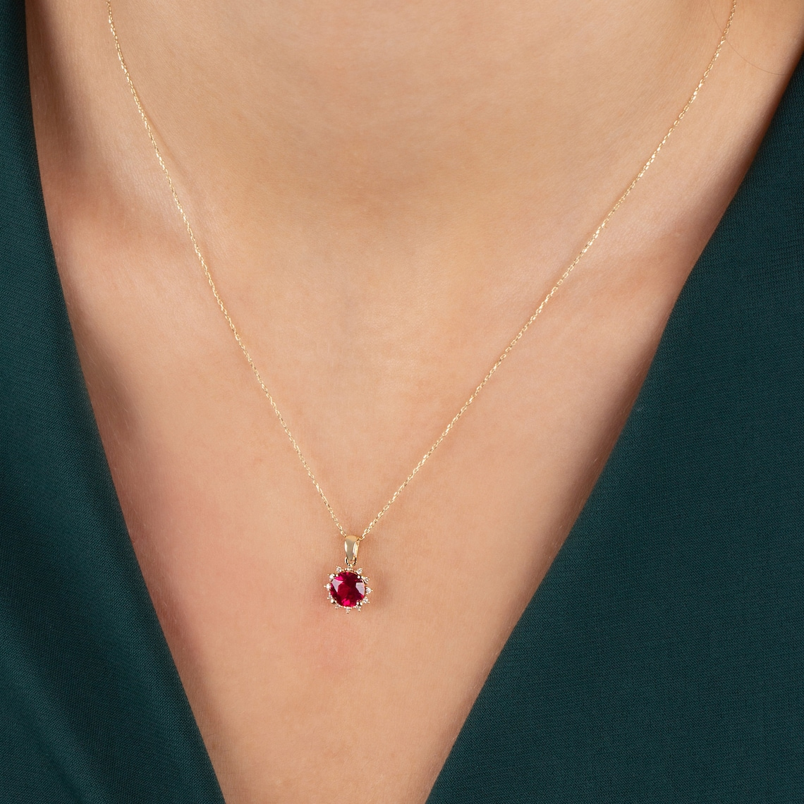 Round Ruby Necklace with Real Diamonds, 8K/10K/14K Solid Gold July Birthstone