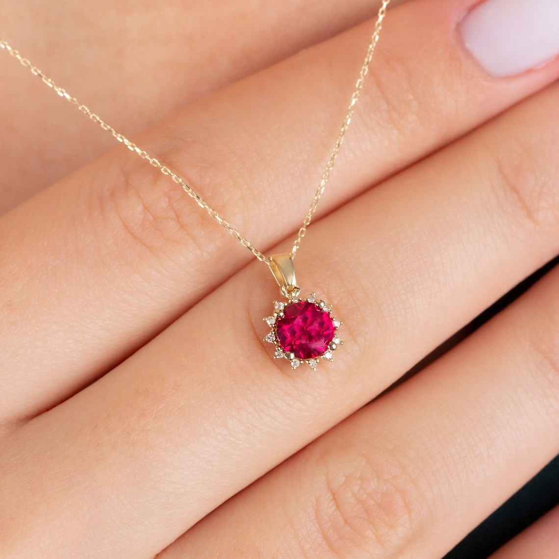 Round Ruby Necklace with Real Diamonds, 8K/10K/14K Solid Gold July Birthstone