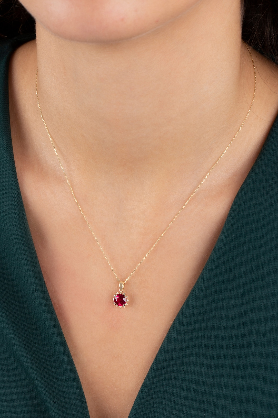 Round Ruby Necklace with Real Diamonds, 8K/10K/14K Solid Gold July Birthstone