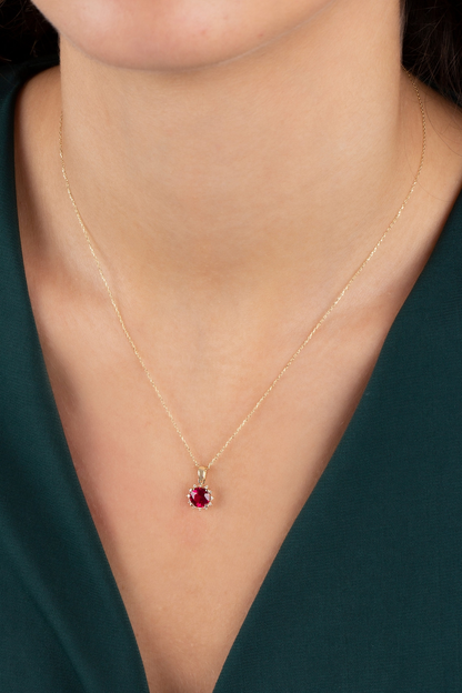 Round Ruby Necklace with Real Diamonds, 8K/10K/14K Solid Gold July Birthstone