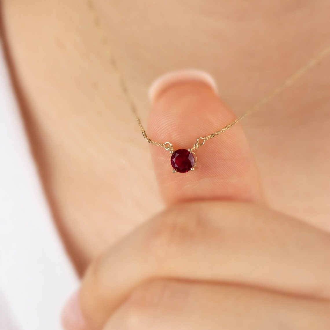 Double Hoop Ruby Necklace 14K Solid Gold, Round July Minimalist Jewelry