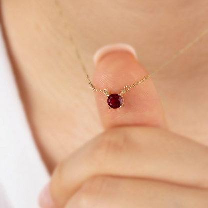 Double Hoop Ruby Necklace 14K Solid Gold, Round July Minimalist Jewelry