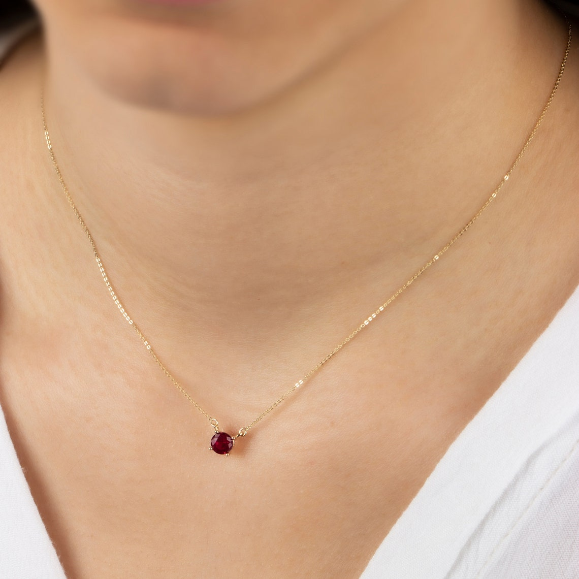 Double Hoop Ruby Necklace 14K Solid Gold, Round July Minimalist Jewelry