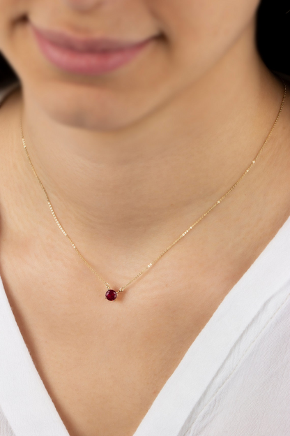 Double Hoop Ruby Necklace 14K Solid Gold, Round July Minimalist Jewelry