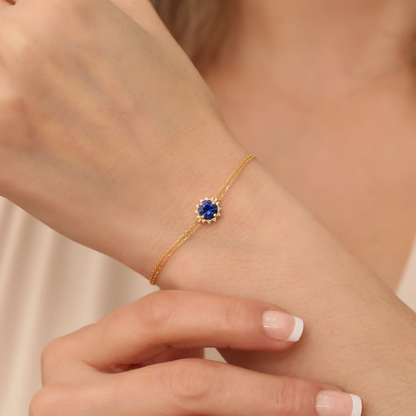 Round Sapphire Bracelet with Real Diamond, 8K/10K/14K Solid Gold, September Birthstone
