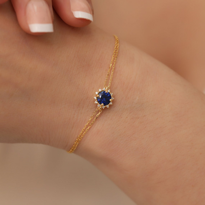 Round Sapphire Bracelet with Real Diamond, 8K/10K/14K Solid Gold, September Birthstone