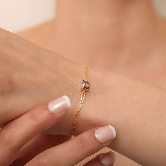 Rectangle Smoky Quartz Bracelet 8K/10K/14K Solid Gold, Dainty Gold Baguette