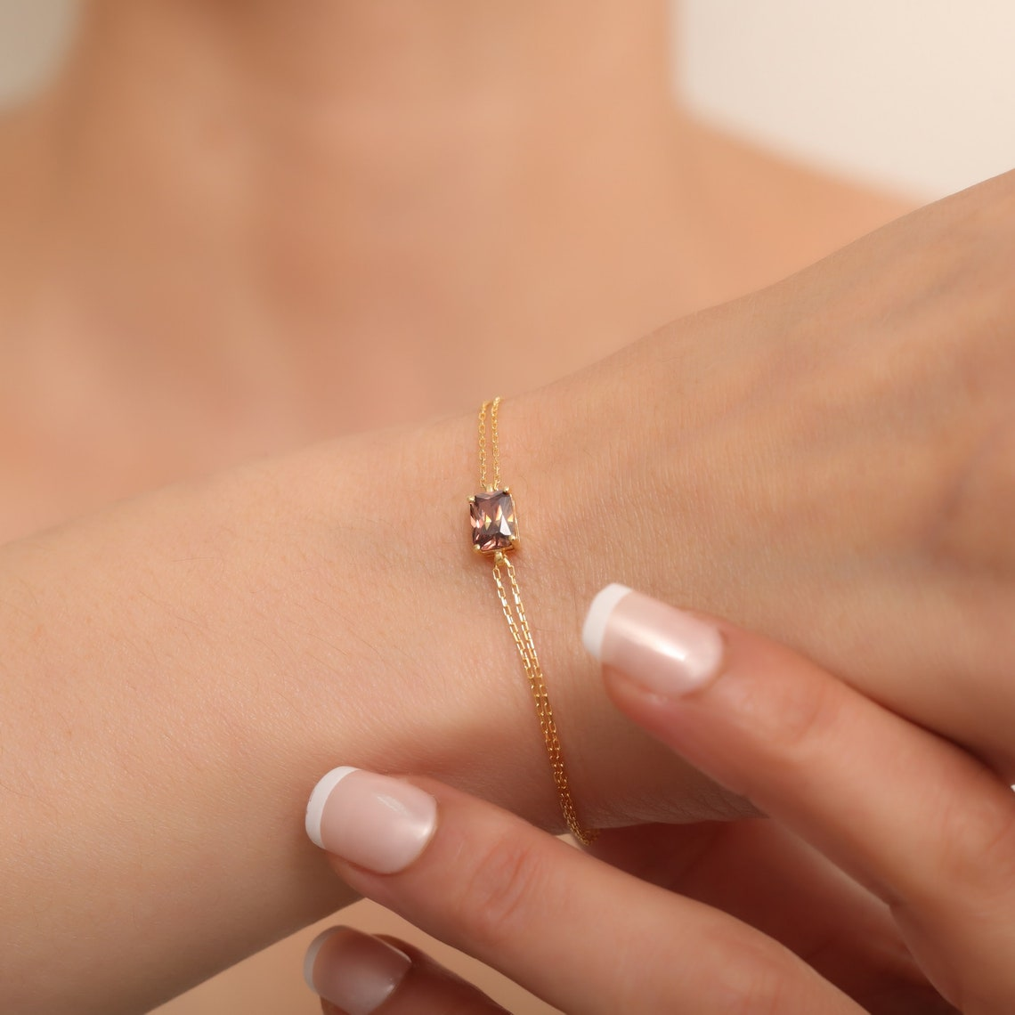Rectangle Smoky Quartz Bracelet 8K/10K/14K Solid Gold, Dainty Gold Baguette