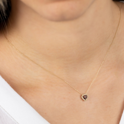 Smoky Quartz Heart Necklace with Real Diamond, 8K/10K/14K Solid Gold