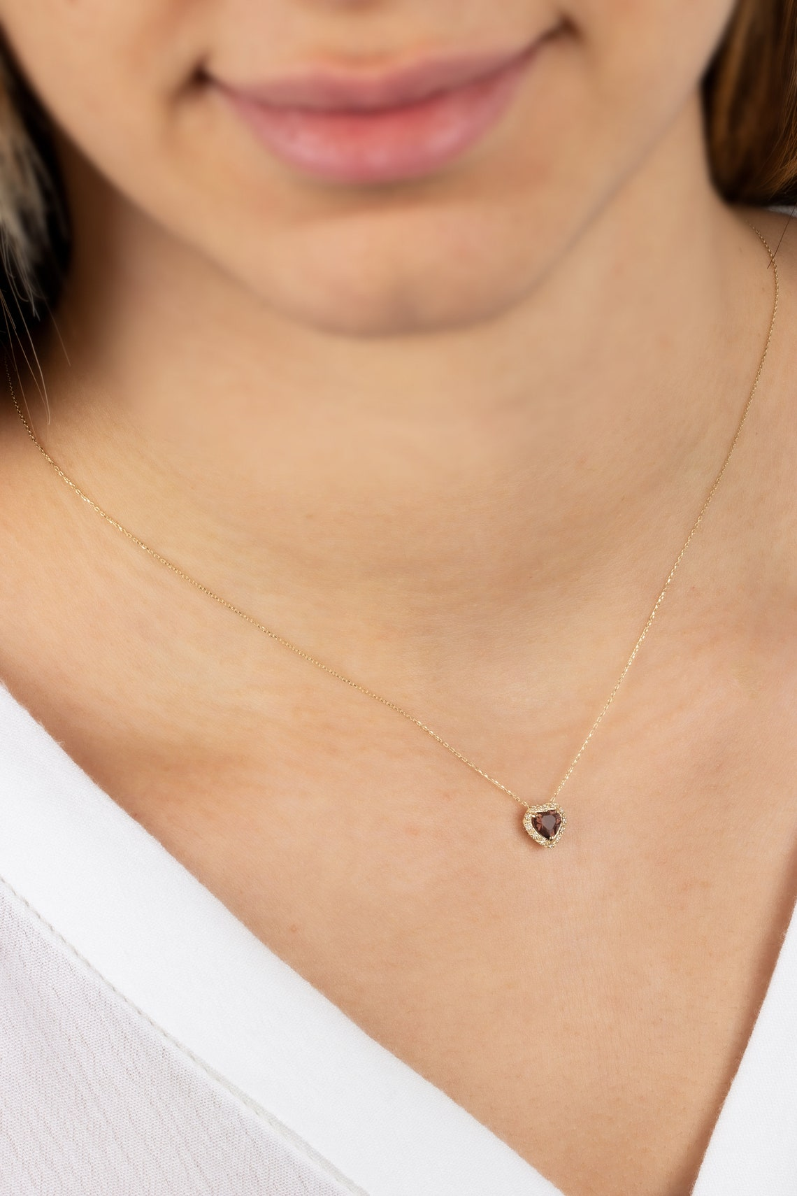 Smoky Quartz Heart Necklace with Real Diamond, 8K/10K/14K Solid Gold