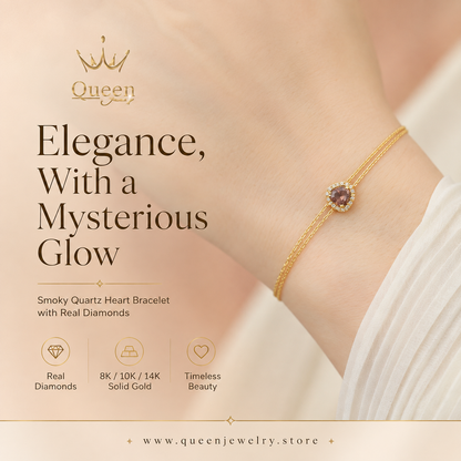 Smoky Quartz Heart Bracelet with Real Diamond, 8K/10K/14K Solid Gold