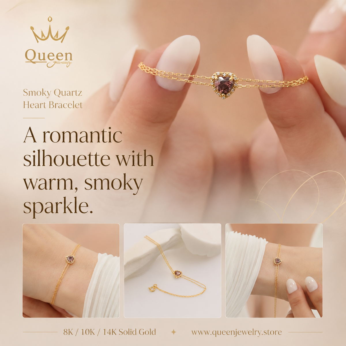 Smoky Quartz Heart Bracelet with Real Diamond, 8K/10K/14K Solid Gold