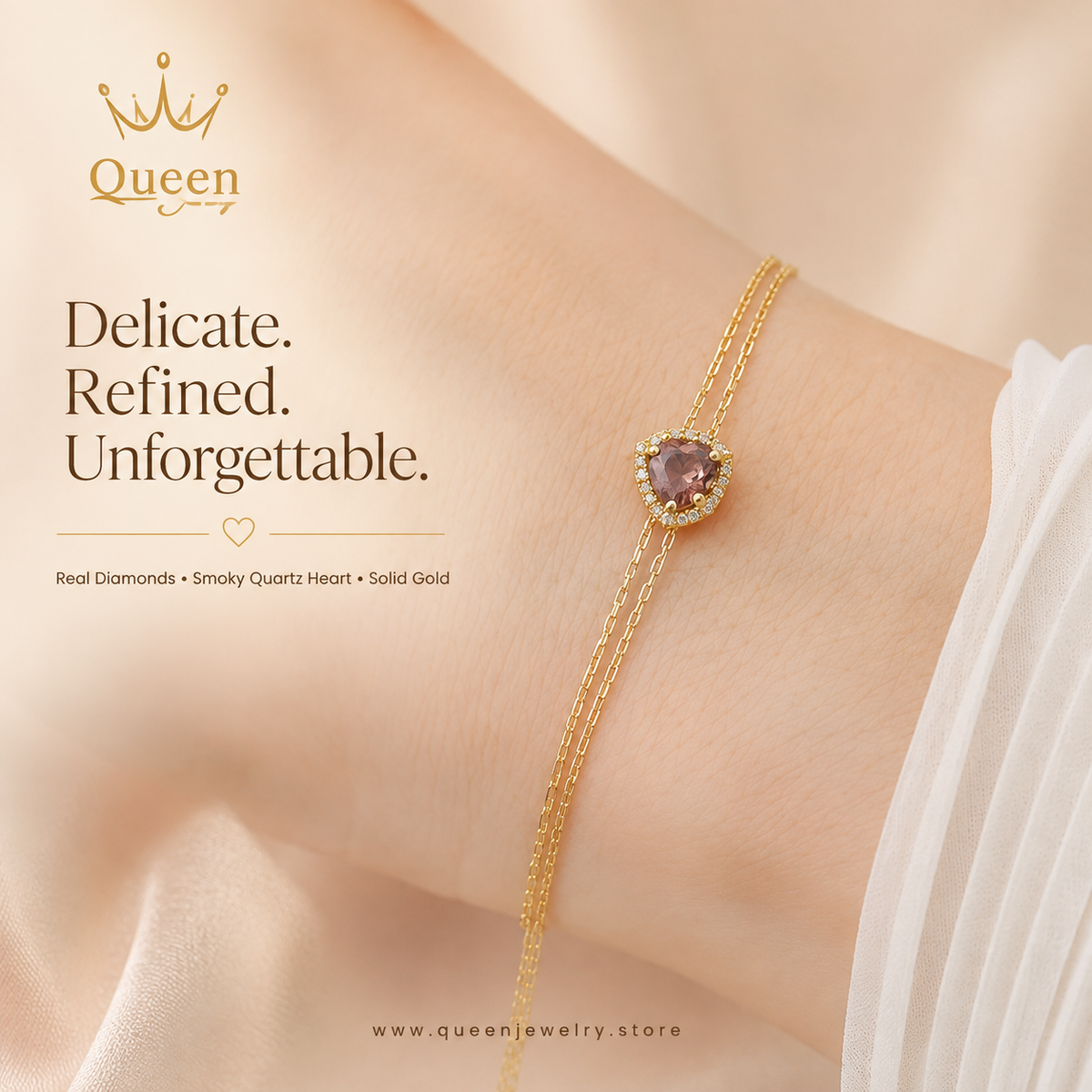 Smoky Quartz Heart Bracelet with Real Diamond, 8K/10K/14K Solid Gold