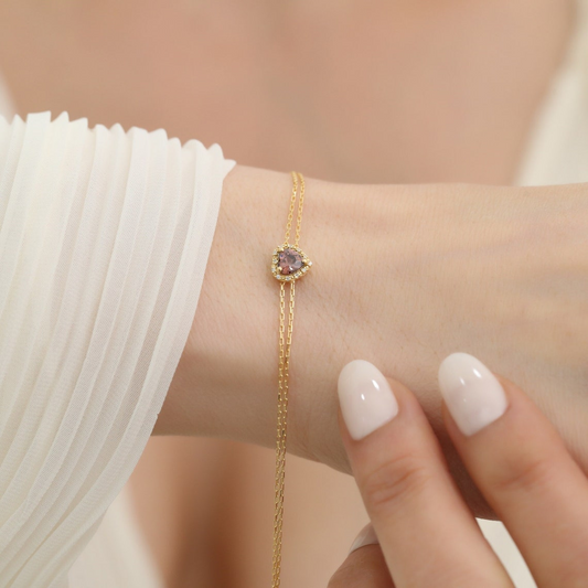 Smoky Quartz Heart Bracelet with Real Diamond, 8K/10K/14K Solid Gold