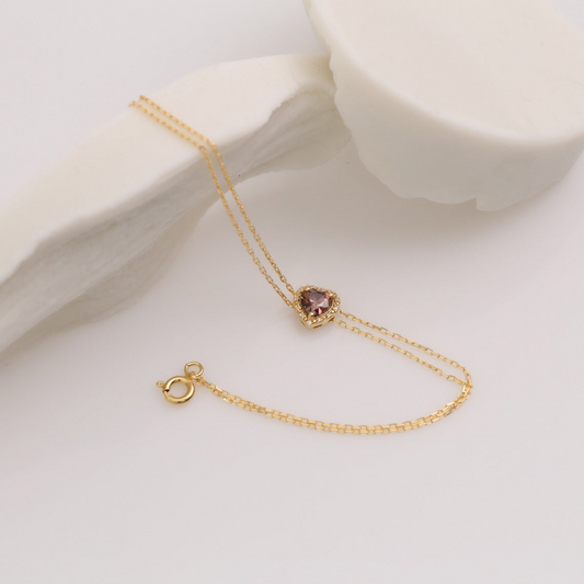 Smoky Quartz Heart Bracelet with Real Diamond, 8K/10K/14K Solid Gold