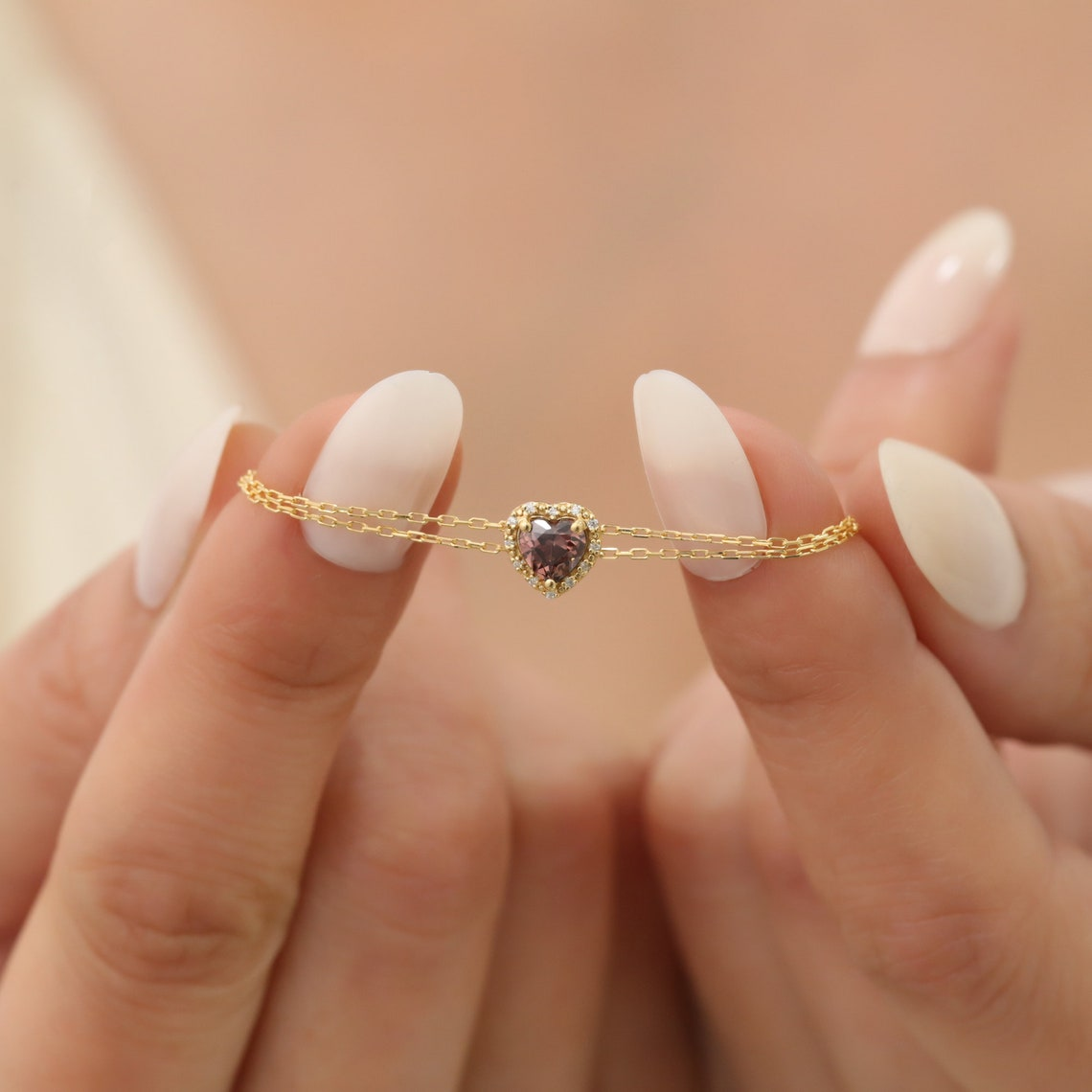 Smoky Quartz Heart Bracelet with Real Diamond, 8K/10K/14K Solid Gold