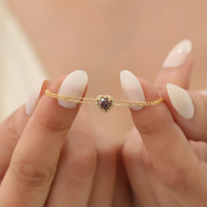 Smoky Quartz Heart Bracelet with Real Diamond, 8K/10K/14K Solid Gold